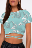 Sexy Geometric Print Animal Print Lace Up Backless Contrast Half A Turtleneck T-Shirts
