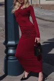 Daily Elegant Solid Color Ruched O Neck Long Sleeve Dresses