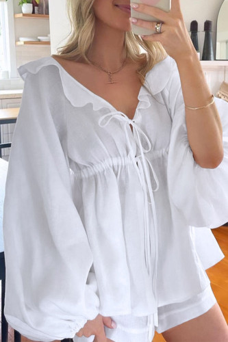 Casual Daily Solid Color Lace Up Ruffle V Neck Long Sleeve Two Pieces