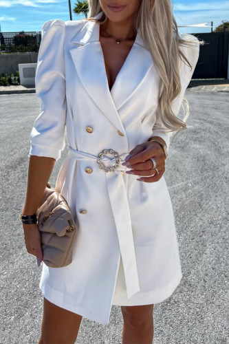 Elegant Solid Color Buttons With Belt Turn-back Collar Shirt Dresses