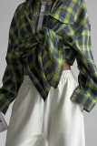 Casual Street Plaid Pocket Buttons Contrast Turndown Collar Tops