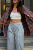 Casual Street Plaid Pocket Buttons Contrast Turndown Collar Tops