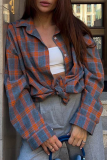Casual Street Plaid Pocket Buttons Contrast Turndown Collar Tops