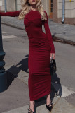 Daily Elegant Solid Color Ruched O Neck Long Sleeve Dresses