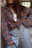 Casual Street Plaid Pocket Buttons Contrast Turndown Collar Tops