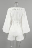 Casual Daily Solid Color Lace Up Ruffle V Neck Long Sleeve Two Pieces