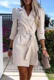 Elegant Solid Color Buttons With Belt Turn-back Collar Shirt Dresses