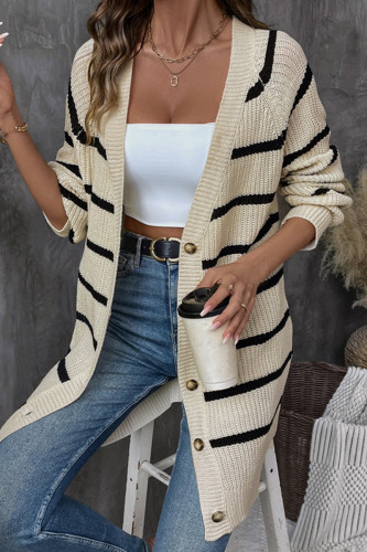 Casual Street Stripe Buttons Weave Contrast V Neck Outerwear