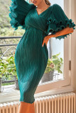 Prom Elegant Solid Color Ruffle Ruched V Neck Evening Dresses