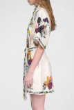 Casual Daily Floral Print Lace Up Patchwork Turndown Collar Short Sleeve Short Sleeve Dress