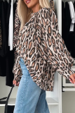 Casual Leopard Buttons Ruched O Neck Tops