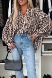 Casual Leopard Buttons Ruched O Neck Tops