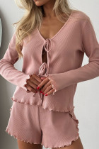 Casual Daily Solid Color Lace Up Ruffle V Neck Long Sleeve Two Pieces