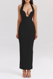 Sexy Solid Color Backless Slit Halter One Step Skirt Dresses