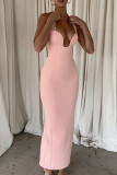 Sexy Solid Color Backless Slit Halter One Step Skirt Dresses