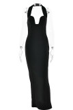 Sexy Solid Color Backless Slit Halter One Step Skirt Dresses