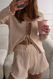Casual Daily Solid Color Lace Up Ruffle V Neck Long Sleeve Two Pieces
