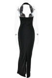 Sexy Solid Color Backless Slit Halter One Step Skirt Dresses