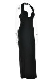 Sexy Solid Color Backless Slit Halter One Step Skirt Dresses