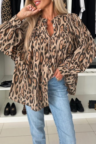 Casual Leopard Buttons Ruched O Neck Tops