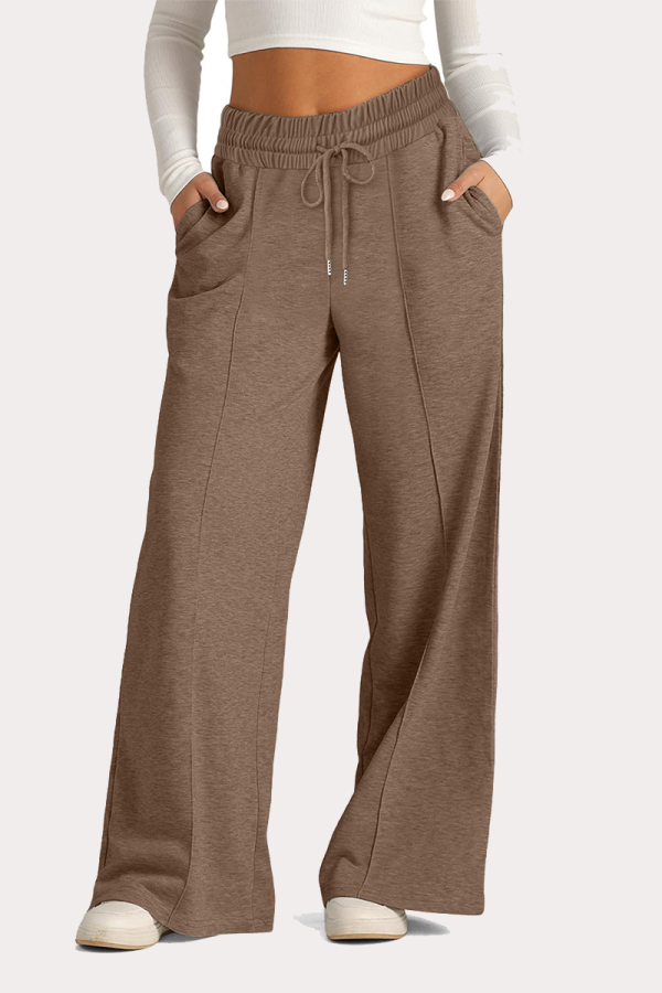 Casual Daily Solid Color Draw String Pocket Loose High Waist Wide Leg Solid Color Bottoms