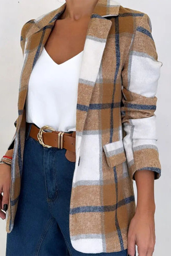 Casual Plaid Patchwork Contrast Turn-back Collar Outerwear