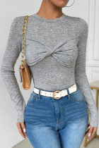 Casual Solid Color Ruched O Neck Tops