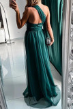 Sexy Prom Solid Color Slit Mesh Sloping Shoulder Evening Dresses