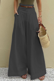 Casual Solid Color Pocket With Belt Loose High Waist Wide Leg Solid Color Bottoms