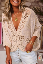 Casual Solid Color Lace Hollow Out Distressed V Neck Outerwear