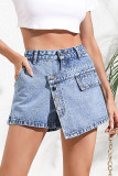 Casual Street Solid Color Pocket Buttons Irregular Mid Waist Denim Shorts