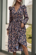 Street Elegant Flowers Lace Up Ruffle V Neck A Line Dresses