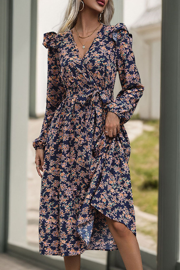 Street Elegant Flowers Lace Up Ruffle V Neck A Line Dresses