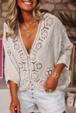 Casual Solid Color Lace Hollow Out Distressed V Neck Outerwear