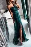Sexy Prom Solid Color Slit Mesh Sloping Shoulder Evening Dresses