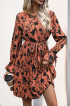 Daily Elegant Floral Print Lace Up O Neck A Line Dresses