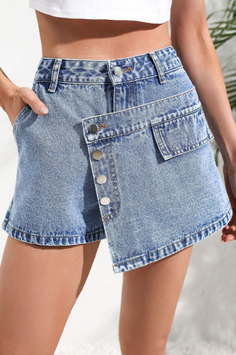 Casual Street Solid Color Pocket Buttons Irregular Mid Waist Denim Shorts