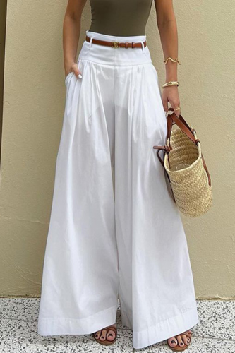 Casual Solid Color Pocket With Belt Loose High Waist Wide Leg Solid Color Bottoms