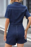 Casual Street Solid Color Pocket Buttons Turndown Collar Loose Rompers