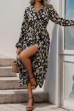 Street Elegant Floral Print Lace Up Slit Contrast Turndown Collar Long Sleeve Dresses