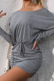 Sexy Daily Solid Color Draw String Oblique Collar Wrapped Skirt Dresses