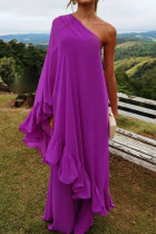 Sexy Solid Color Ruffle Irregular Sloping Shoulder Irregular Dresses