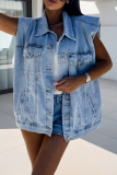 Casual Solid Color Distressed Buttons Turndown Collar Sleeveless Loose Denim Jacket