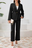 Business Wear Letters Pocket Patchwork Belted Turn-back Collar Long Sleeve Two Pieces