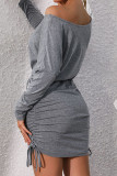 Sexy Daily Solid Color Draw String Oblique Collar Wrapped Skirt Dresses