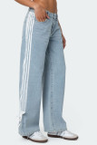 Street Solid Color Distressed Lace Up Patchwork Mid Waist Loose Denim Jeans