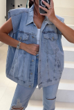 Casual Solid Color Distressed Buttons Turndown Collar Sleeveless Loose Denim Jacket