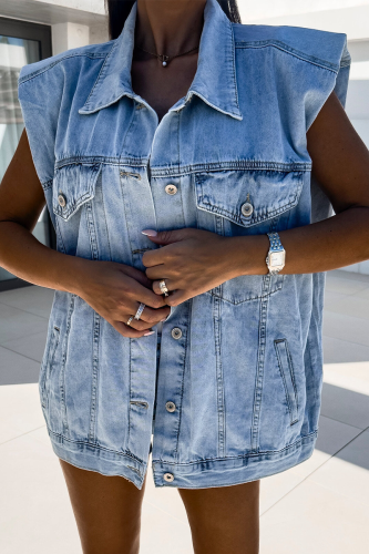 Casual Solid Color Distressed Buttons Turndown Collar Sleeveless Loose Denim Jacket