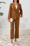 Business Wear Letters Pocket Patchwork Belted Turn-back Collar Long Sleeve Two Pieces