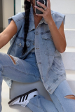 Casual Solid Color Distressed Buttons Turndown Collar Sleeveless Loose Denim Jacket
